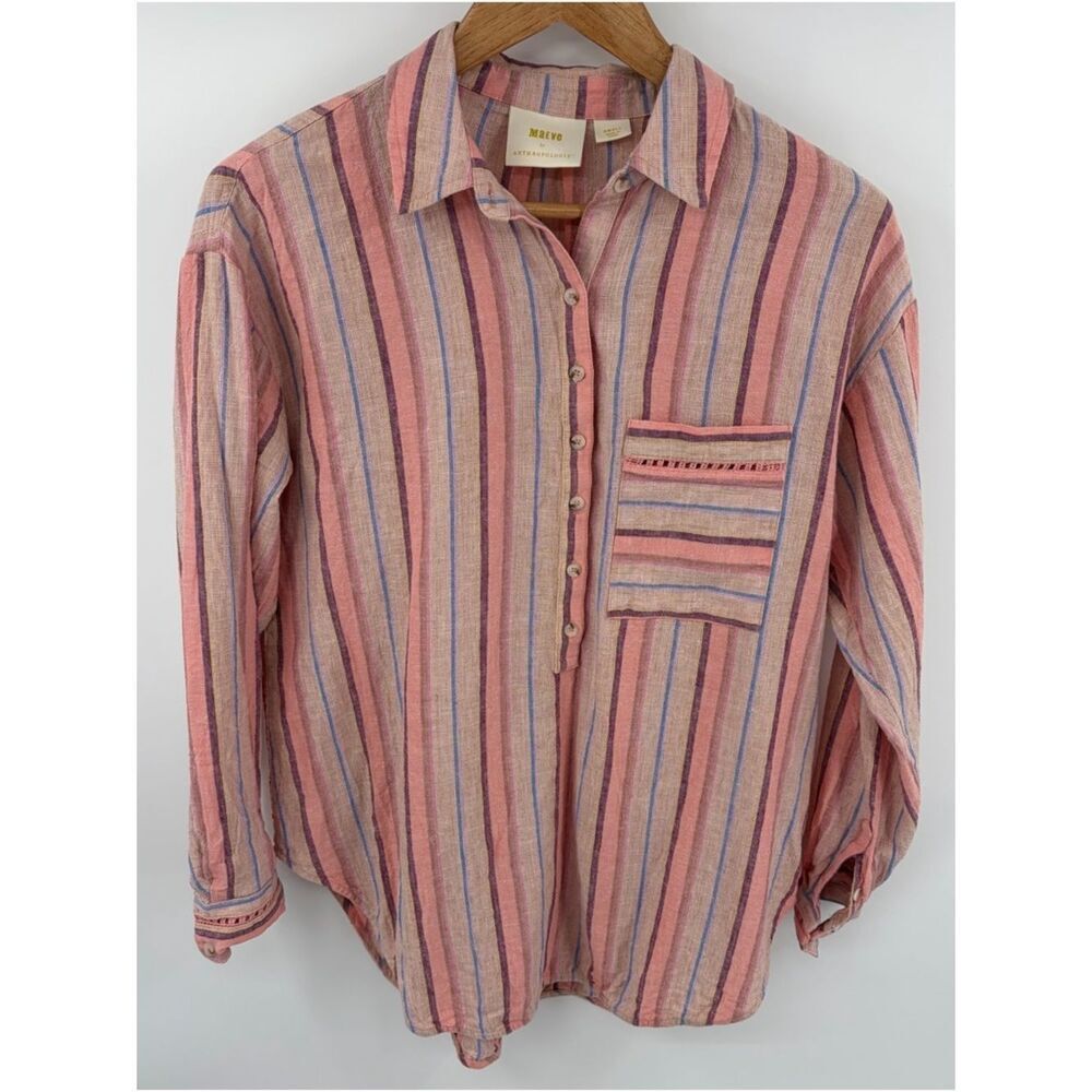 Anthropologie Maeve Lida linen blend pink striped 1/4 button blouse women’s S